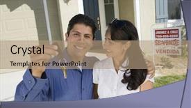  Presentation with new home sales - Slide set consisting of key investing - young couple standing in front background and a coral colored foreground