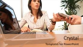  Presentation with phone meeting - Slides featuring key issues - young female executive passes mobile background and a coral colored foreground