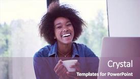  Presentation with african american in computer - Slide set consisting of key learnings - young african american woman smiling background and a coral colored foreground