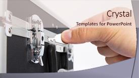  Presentation with metal - Theme with key lock - metal briefcase isolated on white background and a  colored foreground