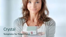  Presentation with white house - Presentation having key money - beautiful young woman holding euros background and a lemonade colored foreground