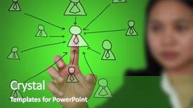  Presentation with touch screen technology - PPT theme with management organization - business woman touch on key background and a shamrock green colored foreground