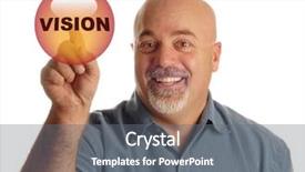  Presentation with vision - Beautiful presentation featuring key points - bald man pointing at button backdrop and a gray colored foreground