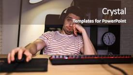  Presentation with video - Cool new PPT layouts with key visual - bored gamer playing video games backdrop and a tawny brown colored foreground