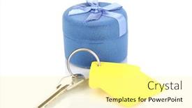  Presentation with house key - Colorful slide deck enhanced with key with house-shaped charm and box isolated on white backdrop and a blonde colored foreground