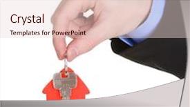  Presentation with house key - Audience pleasing presentation theme consisting of key with house-shaped charm in hand isolated on white backdrop and a lemonade colored foreground