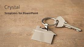  Presentation with house key - PPT layouts consisting of key with trinket in shape of house on wooden table background and a coral colored foreground