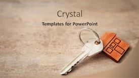  Presentation with house key - Slide deck enhanced with key with trinket in shape of house on wooden table background and a coral colored foreground