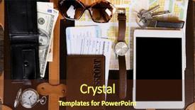  Presentation with suitcase - Presentation theme with key world - packed suitcase of vacation items background and a tawny brown colored foreground