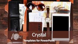  Presentation with suitcase - Presentation with key world - packed suitcase of vacation items background and a tawny brown colored foreground