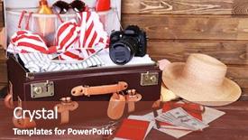  Presentation with suitcase - Presentation design consisting of key world - packed suitcase of vacation items background and a tawny brown colored foreground