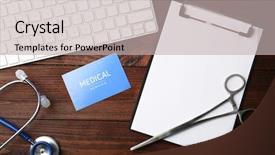  Presentation with medical supplies - Beautiful PPT layouts featuring keyboard medical supplies and clipboard on wooden background backdrop and a light gray colored foreground