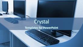  Presentation with children on computers - PPT theme consisting of keyboard mouse - computers on tables in room background and a ocean colored foreground