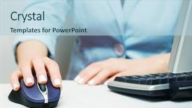  Presentation with computer - Audience pleasing theme consisting of keyboard mouse - female hands working backdrop and a  colored foreground