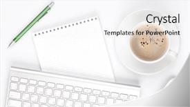  Presentation with coffee cup - Presentation design featuring keyboard mouse - office desk table with computer background and a sky blue colored foreground