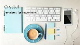  Presentation with wooden desk cup - Cool new PPT theme with keyboard phone notebook and cup of coffee on a wooden desk background top view backdrop and a sky blue colored foreground