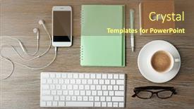  Presentation with wooden desk cup - Amazing slides having keyboard phone notebook and cup of coffee on a wooden desk background top view backdrop and a tawny brown colored foreground