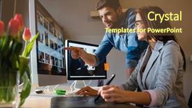  Presentation with graphic - Slide deck enhanced with keyboard skills - graphic designer pointing at computer background and a tawny brown colored foreground