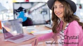  Presentation with portrait of excited overjoyed female - Amazing theme having keyboard skills - portrait of female graphic designer backdrop and a coral colored foreground