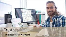  Presentation with executive - Slide deck with keyboard skills - portrait of male executive sitting background and a mint green colored foreground