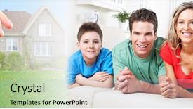  Presentation with house - Colorful theme enhanced with keychain - family near new house backdrop and a light blue colored foreground