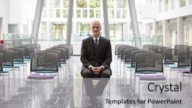  Presentation with make up - Cool new slide deck with keynote - businessman in empty auditorium preparing backdrop and a light gray colored foreground