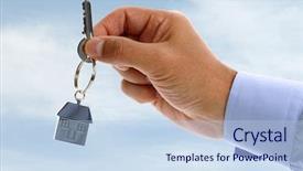  Presentation with estate - Theme consisting of keyring - estate agent holding out house background and a light blue colored foreground