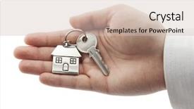 Presentation with house key - Colorful presentation design enhanced with keyring - house key in hand backdrop and a soft green colored foreground