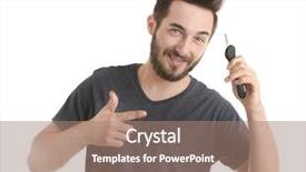  Presentation with car body repairer holding - Amazing theme having keyring - portrait of young man holding backdrop and a coral colored foreground