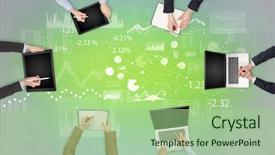  Presentation with group - Presentation enhanced with keys database - group of people with devices background and a mint green colored foreground