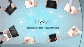  Presentation with focus group hands taking notes - Presentation theme with keys database - group of people with devices background and a  colored foreground