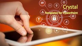  Presentation with database - Cool new slide set with keys database - hand holding tablet with online backdrop and a tawny brown colored foreground