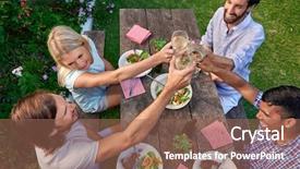  Presentation with friends eating and drinking wine - Amazing PPT theme having keyword indian - group of friends toasting backdrop and a coral colored foreground
