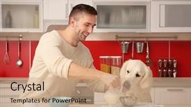  Presentation with breakfast - Amazing slide deck having keywordanimals - man and dog enjoying breakfast backdrop and a coral colored foreground