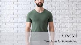  Presentation with white brick wall - Presentation theme featuring wear logo - young man in stylish t-shirt background and a light gray colored foreground