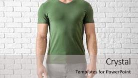  Presentation with white brick - Presentation design enhanced with wear logo - young man in stylish t-shirt background and a light gray colored foreground