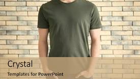  Presentation with brick - Slide deck consisting of green retailing - young man in stylish t-shirt background and a coral colored foreground