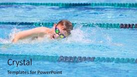  Presentation with swim boy - Slide deck with kick meeting - boy in a freestyle swim background and a light blue colored foreground
