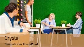  Presentation with taking notes - Cool new slide set with kick meeting - creative session with a small backdrop and a yellow colored foreground