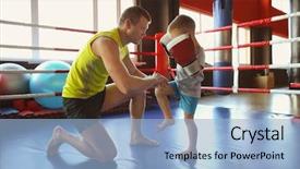  Presentation with kickboxing - Presentation theme having kickboxing - little boy training with coach background and a light blue colored foreground
