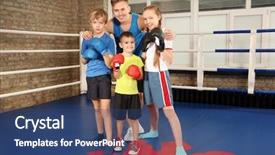  Presentation with boxing ring - PPT layouts featuring kickboxing - little children with their trainer background and a ocean colored foreground