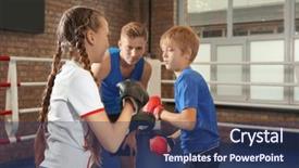  Presentation with boxing ring - Presentation design having kickboxing - little children with trainer background and a ocean colored foreground