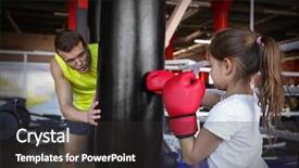  Presentation with coach - Beautiful presentation theme featuring kickboxing - little girl training with coach backdrop and a dark gray colored foreground