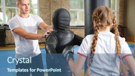  Presentation with train the trainer - Amazing presentation having kickboxing - little girl with trainer near backdrop and a ocean colored foreground