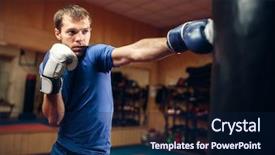  Presentation with kickboxing - PPT theme with kickboxing - male kickboxer hits the punching background and a navy blue colored foreground