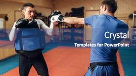  Presentation with kickboxing - Colorful slides enhanced with kickboxing - male kickboxer in gloves practicing backdrop and a ocean colored foreground