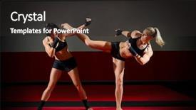  Presentation with kickboxing - PPT theme having kickboxing - two kickboxers women in sports background and a dark gray colored foreground
