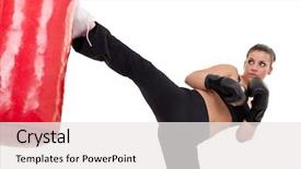  Presentation with kickboxing - Slides with kickboxing - young woman kick a punching background and a white colored foreground