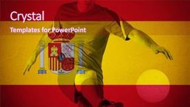  Presentation with football - Amazing PPT layouts having football player in red kicking against spain national flag backdrop and a crimson colored foreground