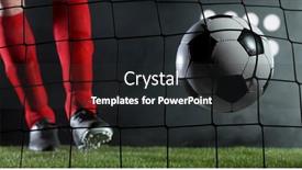  Presentation with soccer net - Audience pleasing PPT theme consisting of kicking-soccer-ball-into-net backdrop and a dark gray colored foreground